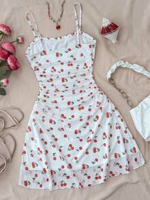SHEIN 少女樱桃印花休闲吊带裙 - 紅白色 - 查看 3