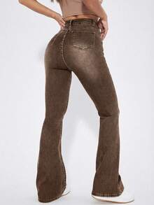 SHEIN Unity Washed Denim Blue High Waist Flare Leg Jeans - Coffee Brown - View 2