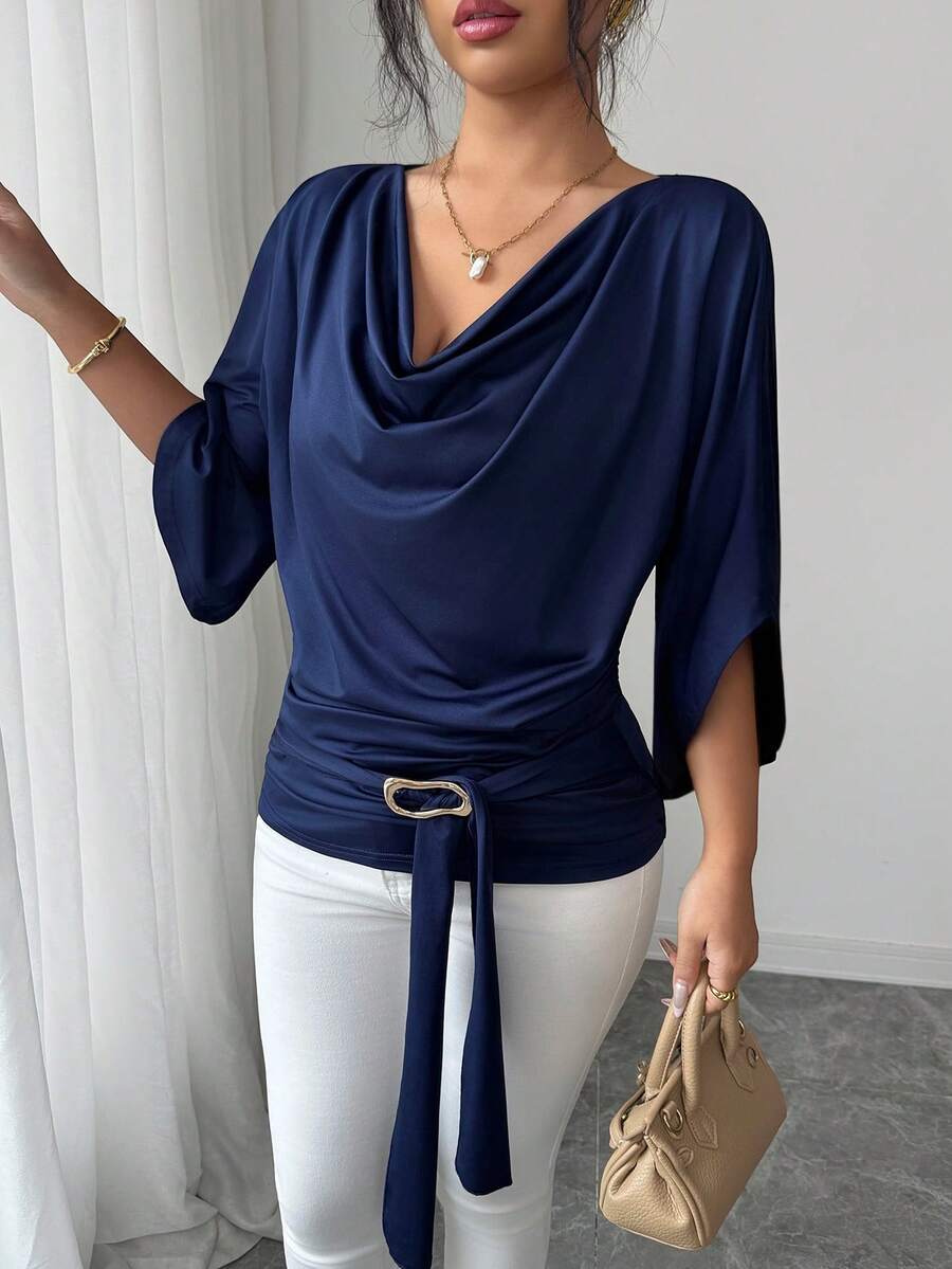 Selianne Áo thun nữ tay ngắn cổ chữ V, tay cánh dơi, màu trơn, có dây thắt eo bằng kim loại, kiểu dáng ôm sát, đa năng cho mùa hè, đi làm, đi nghỉ mát, dự tiệc, phong cách thanh lịch cho nữ. - Màu xanh lam - Xem 1