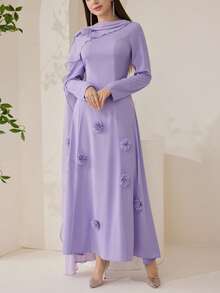 Veilorie Women's Solid Color 3D Floral Decor Ribbon Design Elegant Arabic Dress - Purple - View 7