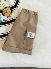 SHEIN 2pcs/Set Baby Boy Cute Cartoon Character Striped Short Sleeve T-Shirt And Khaki Casual Shorts Set, Summer - Multicolor - View 8