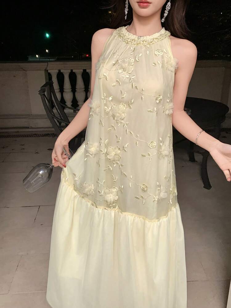 Women's Elegant Apricot 3D Floral Halter Neck Sleeveless Mesh Patchwork Dress, Summer Wedding Guest Dress Maxi Dress Sundress