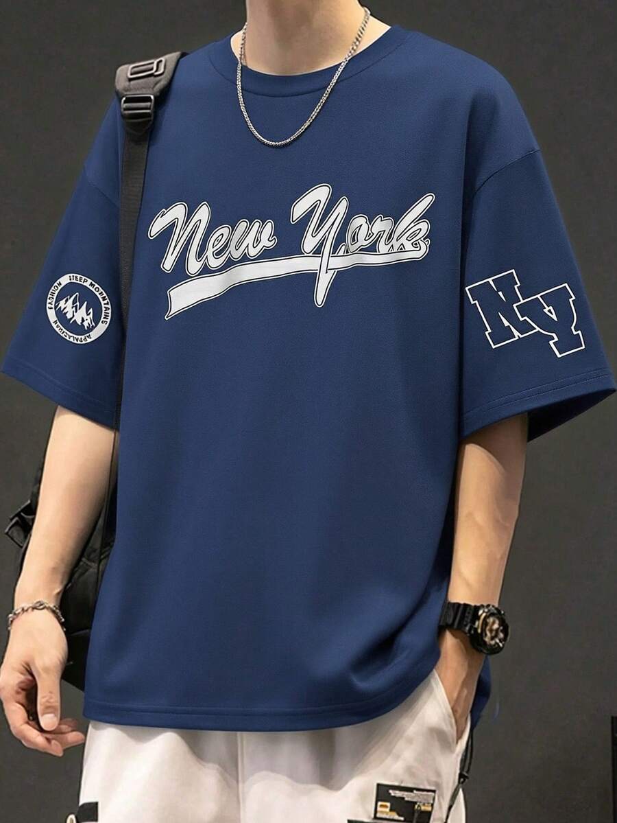 Mirajuku Casual Minimalist Letter Print Tee For Teenage Boys, Navy Blue, Stylish For Leisure, Daily Commute And Multi-Occasion Wear - Navy Blue - View 1