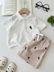 SHEIN LMoss Kids 2pcs Baby Boy Knitted Solid Color Polo Collar Casual Shirt And Shorts Set,Kids - Multicolor - View 3