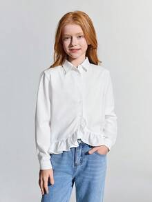 Ontre Blusa casual de manga larga con cuello con volantes para niña preadolescente - Blanco - Ver 4