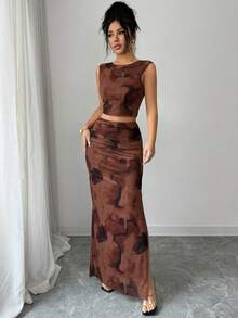 Rafferiza Bộ 2 món gồm đầm bodycon không tay ôm sát, chất liệu lưới, nhuộm tie-dye, chất liệu lưới, có xẻ tà, dành cho nữ. - Cà phê nâu - Xem 5