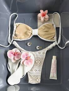 Swim Mod Women's Openwork Jacquard Fabric Spaghetti Strap Bikini Set, Spring/Summer - White - View 2