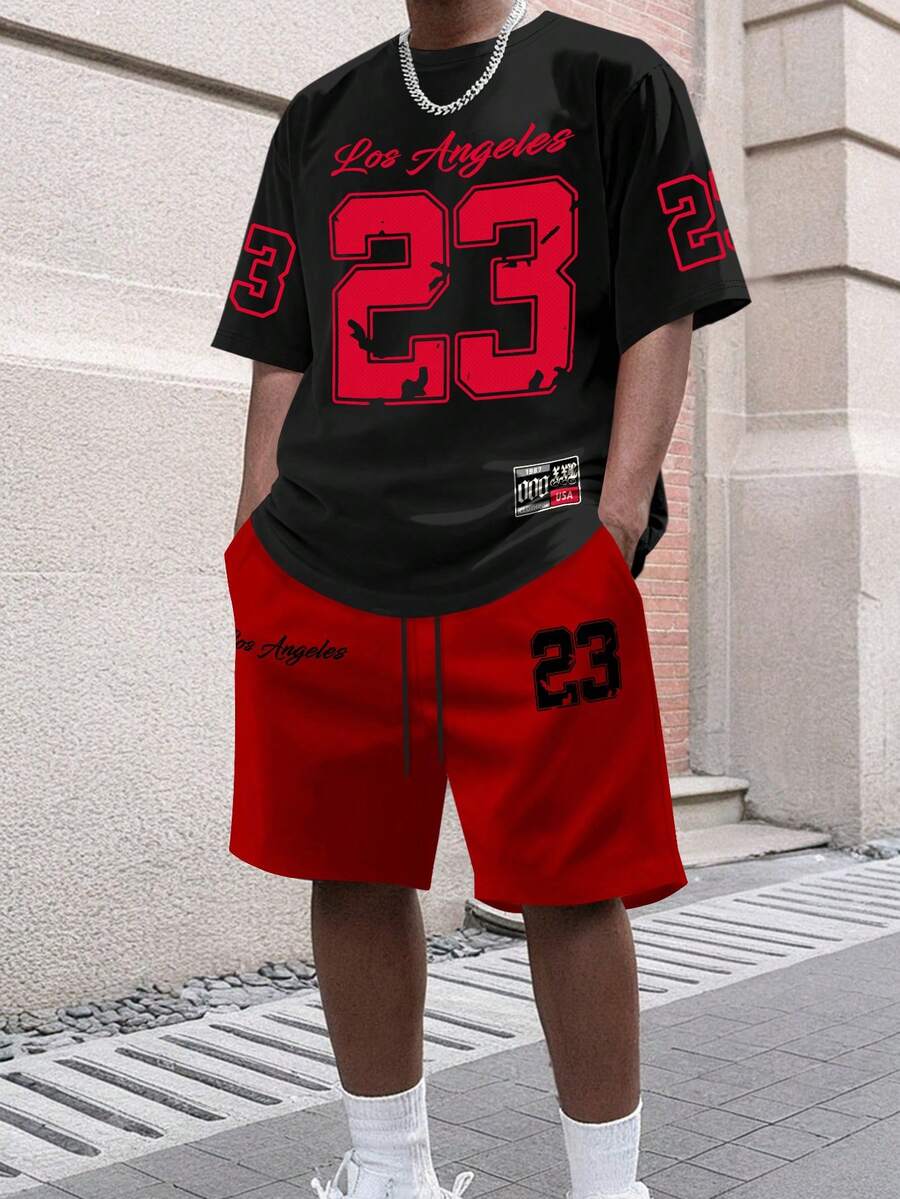 Aesthetic Post 男士2件套/组，数字23和洛杉矶标语印花圆领短袖T恤和短裤，休闲运动街头服饰，男士春夏T恤短裤套装