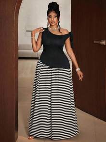 Maweii Plus Size Women's Spring/Summer Asymmetric Shoulder Striped Patchwork Fashion Dress - Black and White - View 2