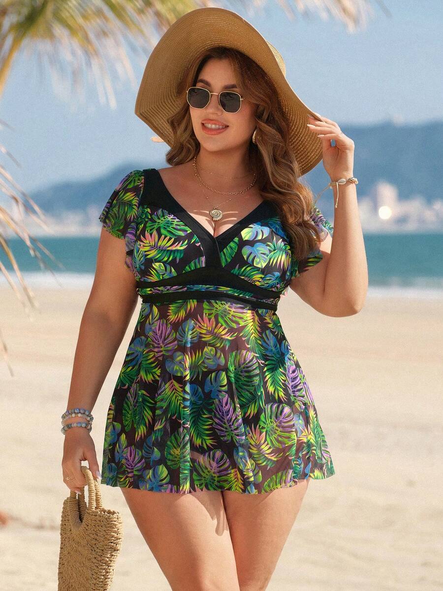 Swim Lushoire 大码女式两件式泳衣，带网纱印花泳裙 - 綠色 - 查看 1