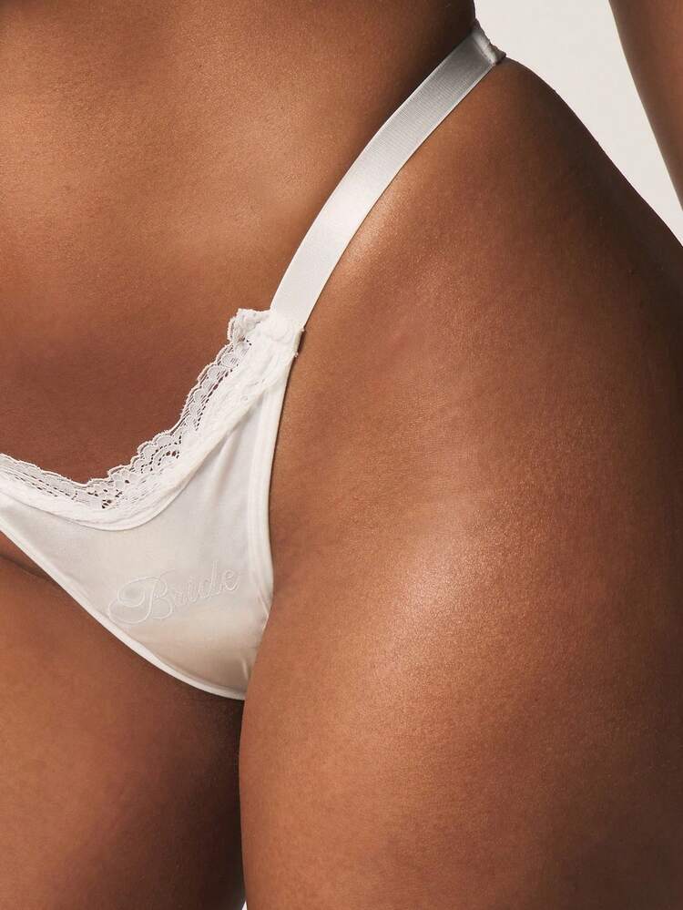 MISSGUIDED Bridal Satin And Lace Trim Thong Panty With Embroidered Slogan Detail Intimate Underwear For Special Occasions