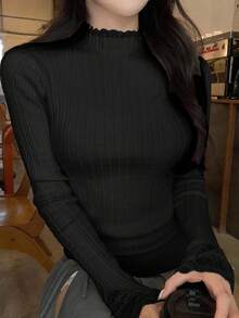 DAZY 女士纯色韩版蕾丝拼接长袖休闲毛衣 - 黑色 - 查看 1