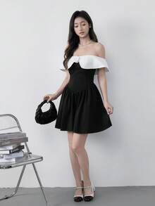 K-Vae 女士法式黑白撞色露肩连衣裙，大翻领山茶花腰部蓬蓬裙，甜美清爽约会之夜迷你连衣裙 - 黑與白 - 查看 3