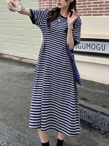 Dama de mediana edad lianyi Vestido de verano de mujer de estilo sencillo, manga corta, a rayas, suelto tipo camiseta, que favorece la figura y combina con todo - Azul Marino - Ver 4