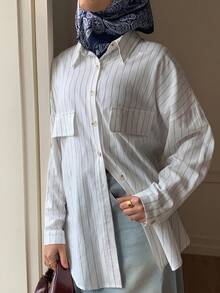 Veilorie Women's Casual Commuter Striped Long Sleeve Shirt - Black and White - View 3