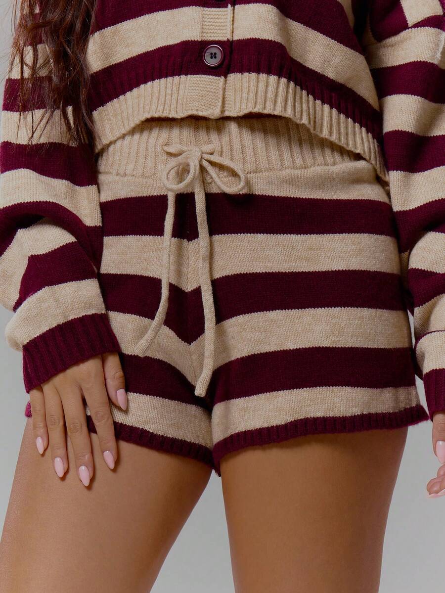 MUSERA Stripe Stretch Knit Tie Waist Shorts Spring, Girly, Day Outfits, Cute, Casual Sweet Pea - Multicolor - View 1