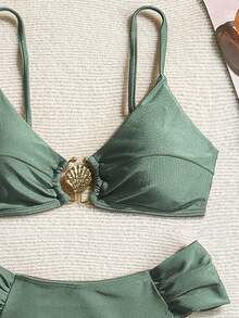 Swim Basics Set bikini plissettato con sottili spalline, con decorazioni in metallo, sexy, vegano al 100%, per vacanze al mare di primavera, costume da bagno estivo da donna - Verde militare - Visualizzare 3
