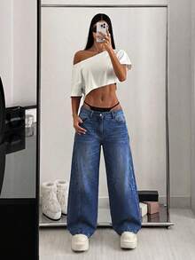 StreetHx Jeans de pierna ancha de uso diario versátil y casual con bordado de estrella de cinco puntas y bolsillos para mujer - Azul lavado oscuro - Ver 6