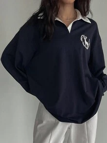 DAZY 女士休闲宽松落肩 T 恤，绣有鹿图案，图案 T 恤，返校服