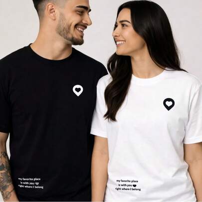 Sets de dos playeras cuello redondo manga corta 100 % algodon, para día de San Valentín, juego de pareja, regalo ideal para tu novio el 14 de febrero valentines day con estampado de una frase y locacion de corazon duo de pareja