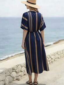 SHEIN Holidaya Cross-Wrap Cinched Waist V-Neck Blue & Yellow Striped Dress For Women, Vacation - Navy Blue - View 2