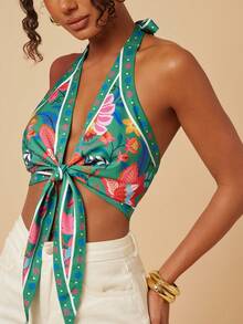 Travachic 女士印花露背吊带休闲上衣，适合度假、夏季、海滩穿着，春夏季节皆宜。 - 綠色 - 查看 2