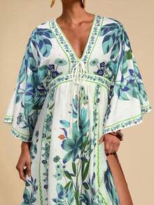 SHEIN TRVLCHIC 女士梭织印花V领七分袖连衣裙 - 綠色 - 查看 8