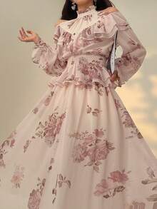 DAZY Women's Elegant Floral Ruffle Cold-Shoulder Blouse And Skirt 2-Piece Set, Spring/Summer - Pink - View 3