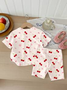 SHEIN 2pcs/Set Young Girl Casual Loose Fit Cherry, Floral, Bow Print Short Sleeve Round Neck T-Shirt And Skinny Cycling Shorts, Suitable For Spring/Summer Daily, Home, School, Outings - Multicolor - View 2