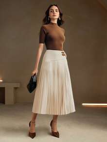 Anewsta 杏色褶裥撞色优雅日常休闲通勤百搭女裙 - 白色 - 查看 5