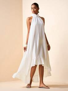 Zivah Đầm kiểu Địa Trung Hải mới mùa xuân 2026, không tay, cổ yếm, buộc dây phía trước, lưng ngắn, dài xếp ly. - trắng - Xem 4