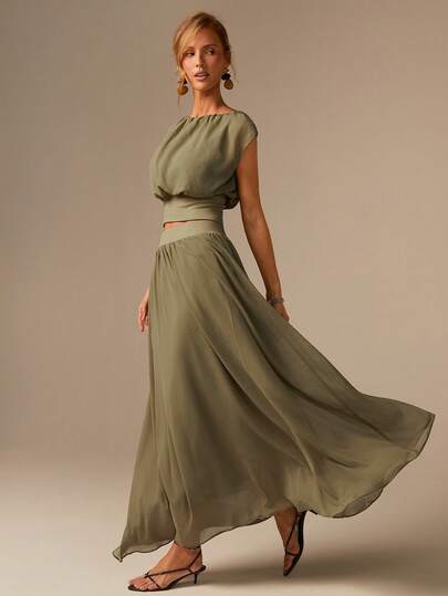 COSMINA Chiffon Patchwork Knit Sleeveless Top And Skirt 2-Piece Set, Women's Summer Outfit, Flowy Feel, Fashionable Set, Summer Vacation Set, Beach Holiday 2-Piece, Army Green Set, Ruched Design, Casual Suit