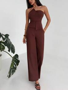 Aloruh Brown Minimalist Commuter Sleeveless Patchwork Crop Top + Wide Leg Long Pants Set, Spring/Summer - Brown - View 2