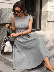 Editum Đầm chữ A không tay, thắt eo, có túi, thanh lịch dành cho nữ, chất liệu mềm mại như vải lanh, thích hợp cho công sở, giảng dạy và nhiều dịp khác. - Xám - Xem 4