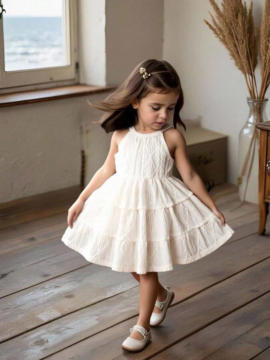 SHEIN Vintaside Kids Baby Girls' Casual Vacation Knitted Textured Sleeveless Halter Neck Cake Dress, Suitable For Travel, Summer - White - View 1