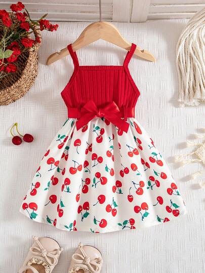 SHEIN Vintaside Kids Infant/Baby GirlSummer New 2025 Red Ribbed Cherry Print Simple Fashionable Cute Sweet Spaghetti Strap Dress With Belt