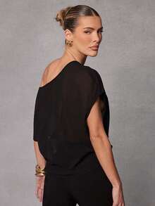 Hauture Women's Simple Sexy Daily Going Out One Shoulder Sheer Chiffon Top - Black - View 4