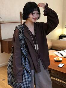 FRIFUL 女款純色休閒寬鬆襯衫，綁帶袖口與荷葉邊飾，適合春夏校園穿著 - 棕色 - 查看 6