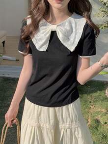 DAZY 女士蝴蝶结装饰针织翻领短袖T恤 - 黑色 - 查看 4