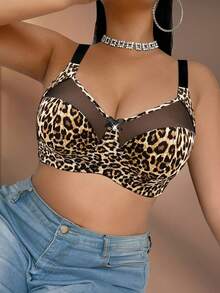 Bare Chapter Plus Size Women Leopard Print Patchwork Wireless Adjustable Strap Sexy Bra - Multicolor - View 3