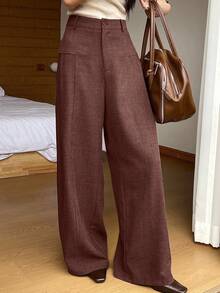 DAZY 女士休闲纯色阔腿裤，春夏款 - 紅色 - 查看 3