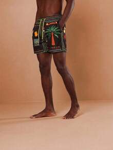 SUMWON Men Tropical Beach Shorts With Palm Tree Sun Print Regular Fit Pull On Summer Vacation Swimwear - Black - View 4