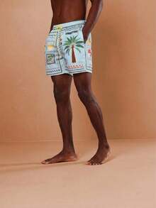 SUMWON Regular Men Summer Beach Swim Shorts With Tropical Palm Tree Print And Patch Design Pull On Drawstring Waist - Blue - View 4