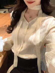 DAZY Women's Autumn French Style V-Neck Halter Ribbon Shiny Loose Casual Versatile Long Sleeve Blouse Spring - White - View 4