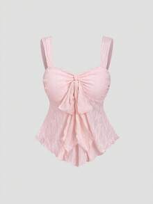 Sweetra New Spring/Summer Fashion Pink Lace Vacation Beach Party Commute Outfit Bow Tie Blouse And Double Layer Cake Short Skirt 2-Piece Set - Pink - View 5