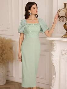 Modelyn Elegant Beaded Puff Sleeve Fitted Women's Fashion Dress - Mint Green - View 4