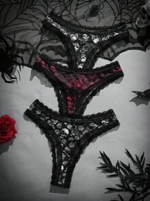 3pcs Women's Dark Skull & Rose Hell Style Thong Panties - Multicolor - View 2