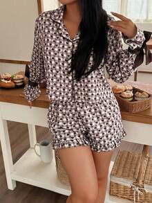 Romantic Heart Print Tie-Up Bow Women's Pajama Set - Coffee Brown - View 3