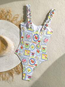 Soleia Summer Vacation Outfits Women Elegant Women's Beach Swimsuit Women's Cherry Print Frill Trim One-Piece Swimsuit, Vacation Style - Multicolor - View 2