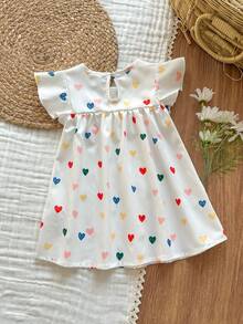 SHEIN Vintaside Kids 女嬰幼兒/新生兒 0-3 歲休閒可愛甜美趣味荷葉袖洋裝，適合春夏季日常穿著與外出 - 彩色 - 查看 2